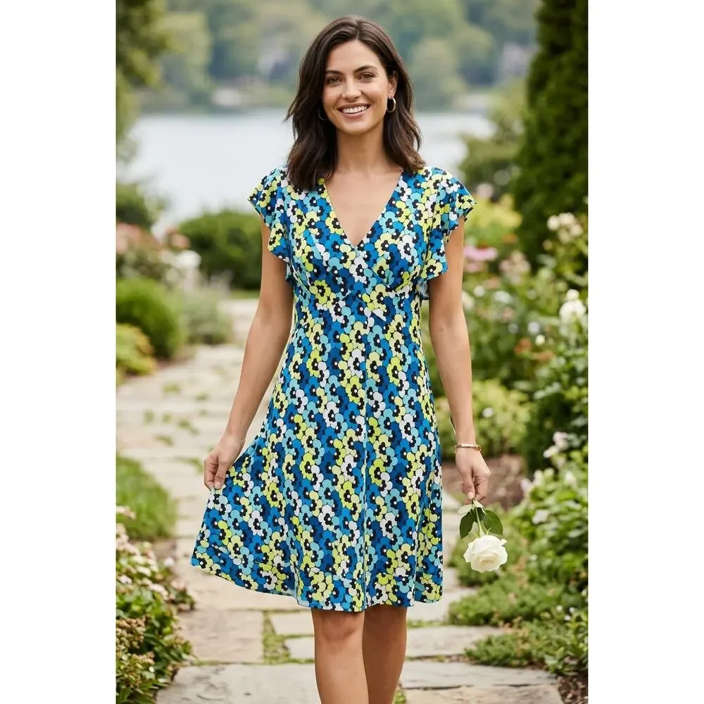 Michael Kors Blue Floral V-Neck Cap Sleeve Jersey Dress Women Size S